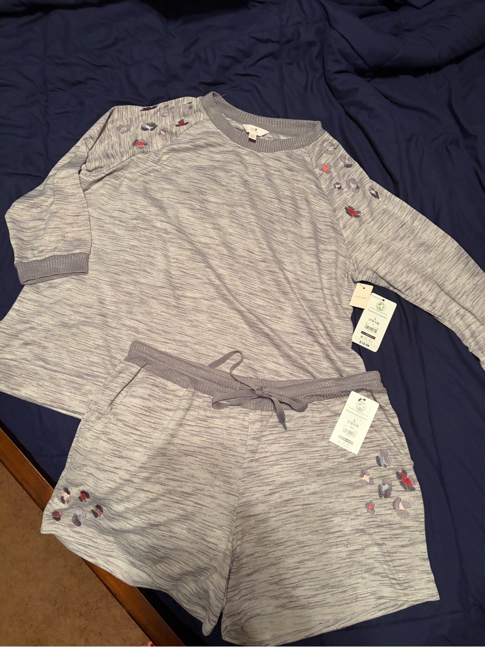 Secret Treasures Light Heather Gray Woman’s Knit Pajama Set with Floral Accents